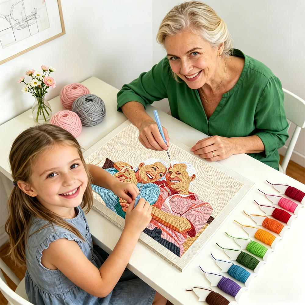 Grandmother and granddaughter making a custom punch needle portrait together