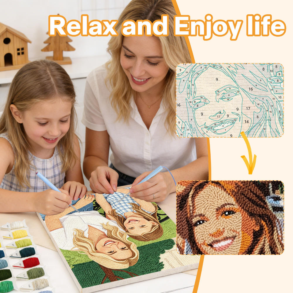 Mother and daughter relaxing while crafting a custom photo punch needle kit