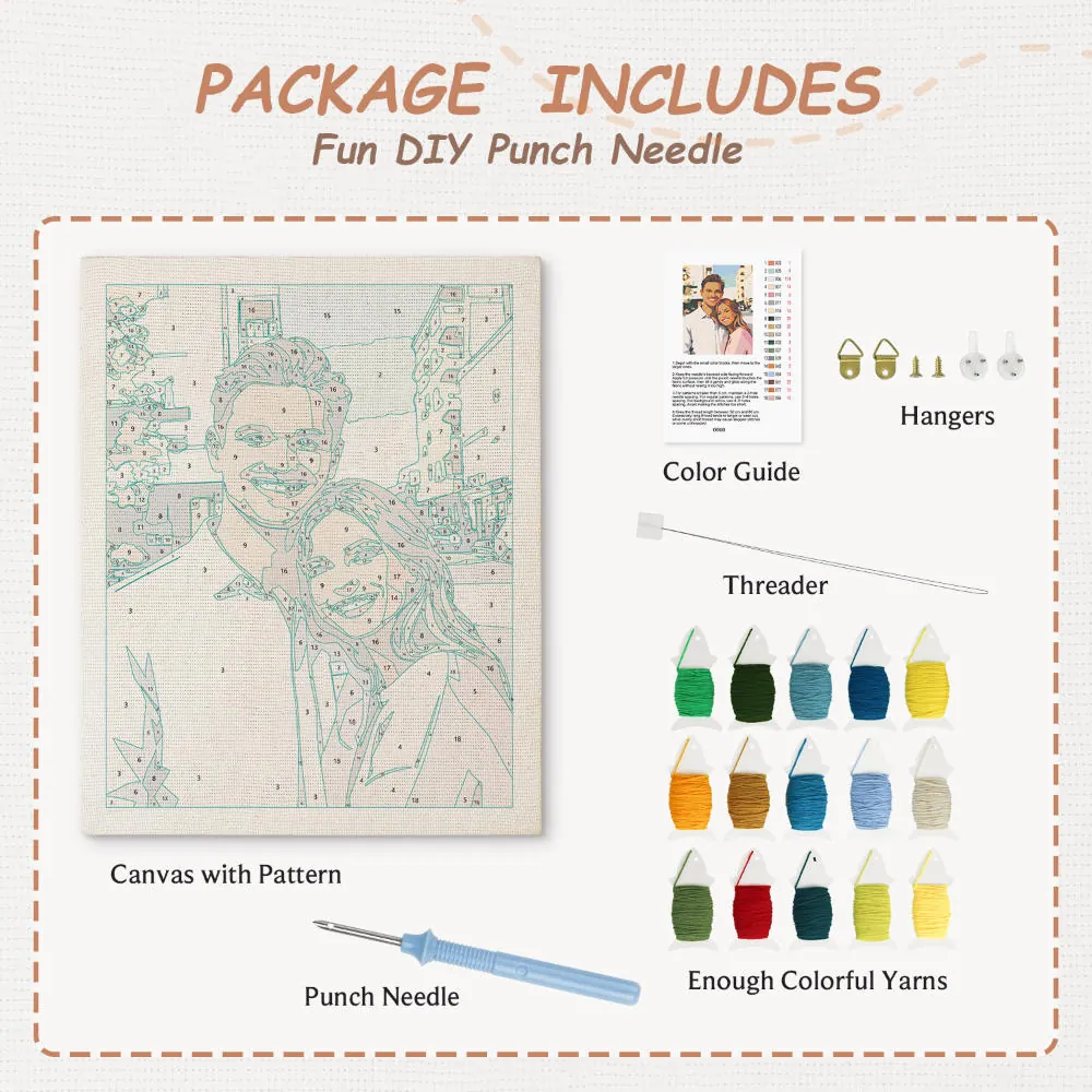 Everything included in your custom punch needle kit — canvas, yarn, needle, threader, hangers, color guide