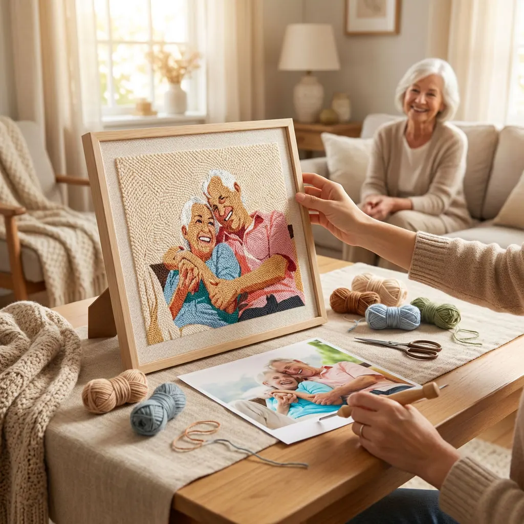 Grandmother and granddaughter making a custom punch needle portrait together